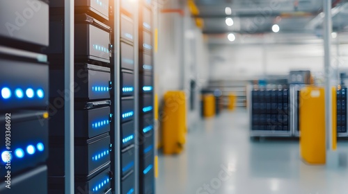 Advanced Lithium-Ion Battery Storage Facility - Modern Server Room with Glowing LED Charge Displays and Innovative Stacking Design