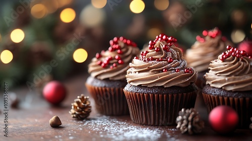 Chocolate cupcakes aligned neatly on a dessert table styled with festive toppers and glowing holiday decor