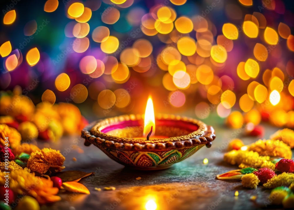 Festive Celebration with a Lit Diya Surrounded by Colorful Flowers and a Bokeh Background Creating a Warm and Joyful Atmosphere for Special Occasions Festive Celebration with a Lit Diya Surrounded by Colorful Flowers and a Bokeh Background Creating a Warm and Joyful Atmosphere for Special Occasions