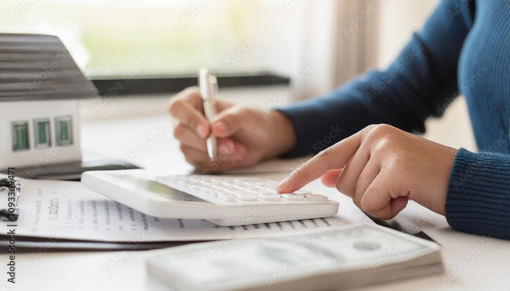 close up young woman hand press on calculator to check and summary expense of home loan mortgage for refinance plan , people lifestyle concept
close up young woman hand press on calculator to check and summary expense of home loan mortgage for refinance plan , people lifestyle concept