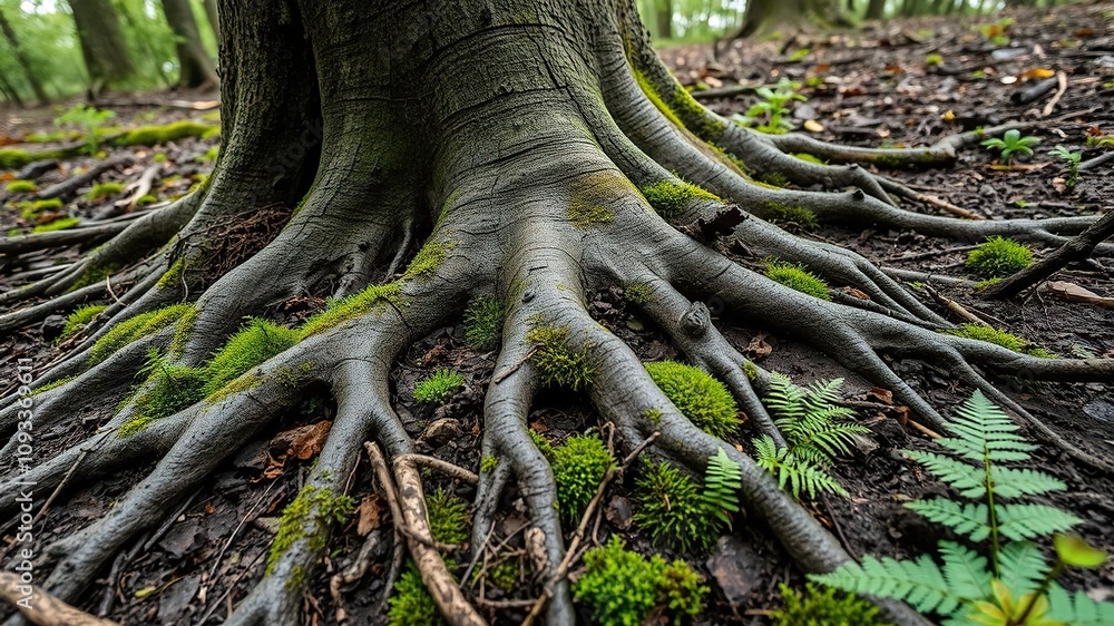 A close-up of a tree's roots breaking through the soil surface in a forest ecosystem, with moss and ferns growing in the cracks, nature reserve, forest, sustainability A close-up of a tree's roots breaking through the soil surface in a forest ecosystem, with moss and ferns growing in the cracks, nature reserve, forest, sustainability