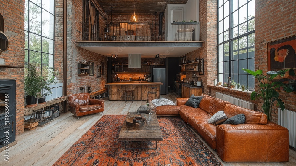 A modern, stylish living room with an open kitchen and rustic decor. A modern, stylish living room with an open kitchen and rustic decor.