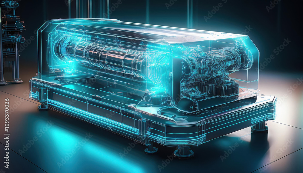 detailed 3D sketch of futuristic wrapping machine with holographic elements, showcasing intricate mechanics and high fidelity design in sleek, modern setting detailed 3D sketch of futuristic wrapping machine with holographic elements, showcasing intricate mechanics and high fidelity design in sleek, modern setting