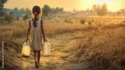 A Photography of a poor girl carrying a water container. Symbolising Child Poverty and the increasing Global Water Crisis.