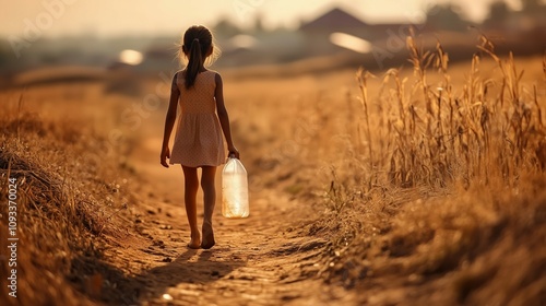 A Photography of a poor girl carrying a water container. Symbolising Child Poverty and the increasing Global Water Crisis.