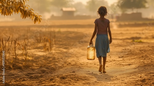 A Photography of a poor girl carrying a water container. Symbolising Child Poverty and the increasing Global Water Crisis.