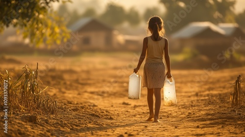 A Photography of a poor girl carrying a water container. Symbolising Child Poverty and the increasing Global Water Crisis.