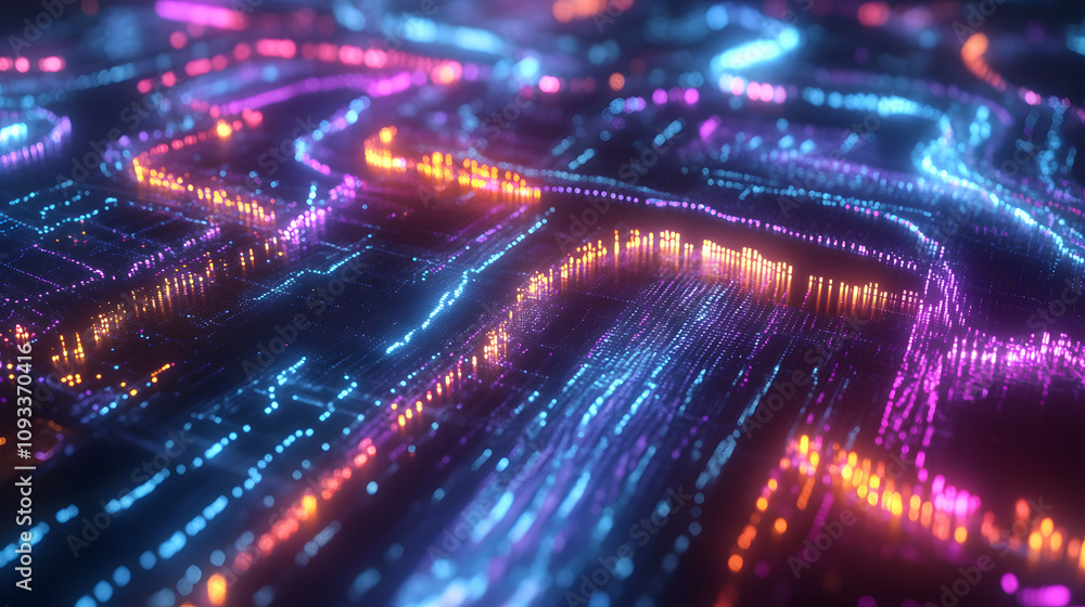 Detailed futuristic data stream background with multicolored code and interconnected glowing nodes Detailed futuristic data stream background with multicolored code and interconnected glowing nodes