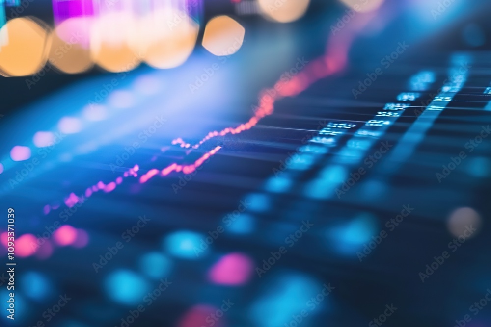 Blue digital stock market graph with growth line and bokeh light Blue digital stock market graph with growth line and bokeh light