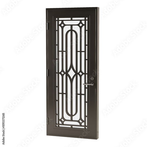 A black door with a gold frame and a silver handle