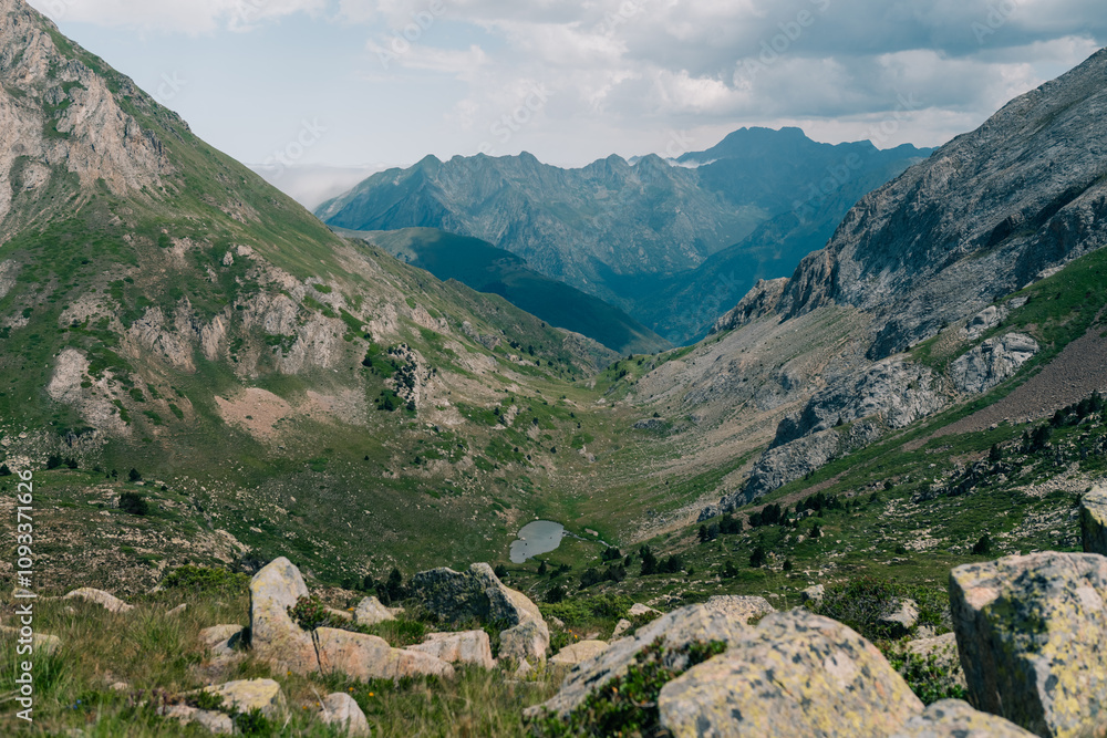 Naklejka premium A breathtaking view of lush green hills unfolds, capturing the serenity of the French Pyrenees