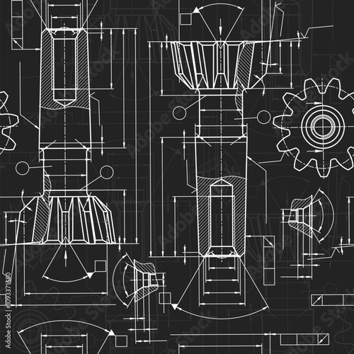 Mechanical engineering drawings on black background. Tap tools, borer. Technical Design. Cover. Blueprint. Seamless pattern. Vector illustration.