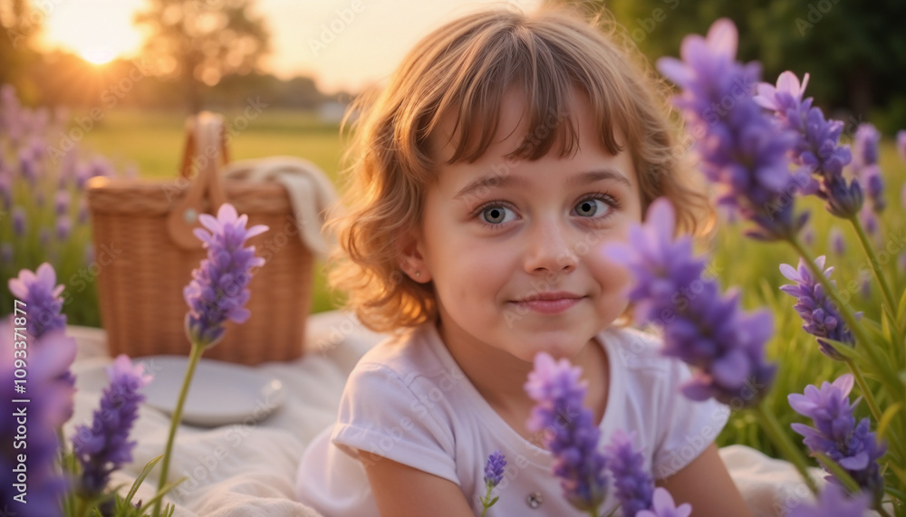 Smiling girl in lavender field at sunset Smiling girl in lavender field at sunset