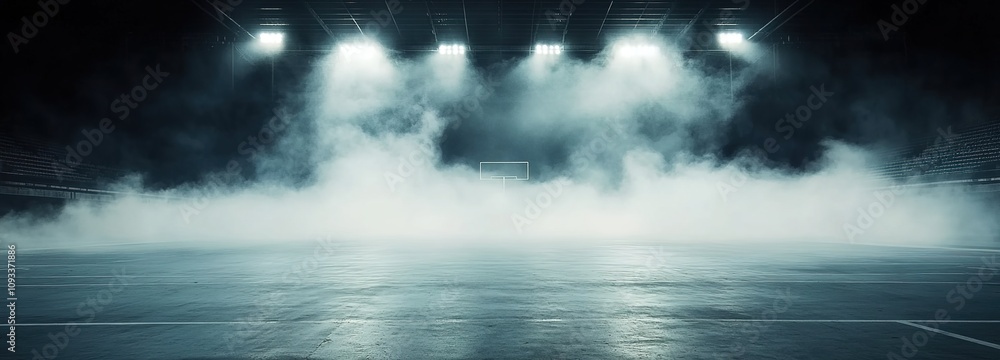 A dark football stadium with fog and spotlights, an empty floor for a product presentation background mockup A dark football stadium with fog and spotlights, an empty floor for a product presentation background mockup