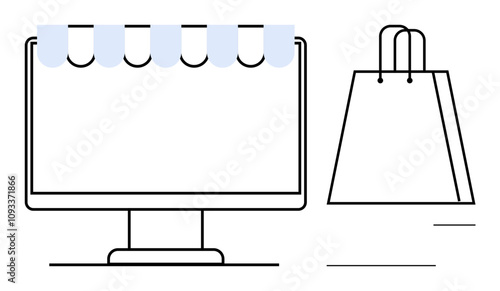 Computer monitor with store awning next to shopping bag. Ideal for e-commerce, online business, digital retail, virtual store, internet sales, web storefront, and electronic trade. Line metaphor