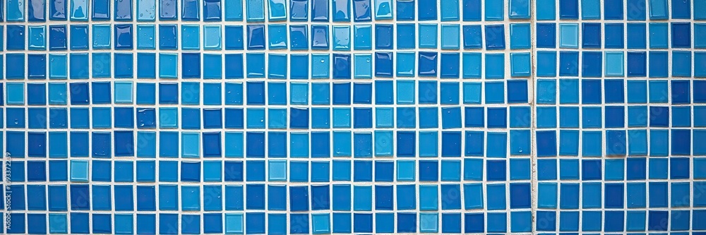 A mosaic wall of small blue tiles with white accents, reflecting a subtle sheen as water droplets glisten on its surface, blue wall, water droplets, tile mosaic A mosaic wall of small blue tiles with white accents, reflecting a subtle sheen as water droplets glisten on its surface, blue wall, water droplets, tile mosaic
