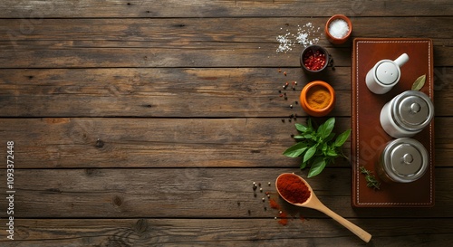 Kitchen banner with board, spices and herbs. Top view. Free space for text.