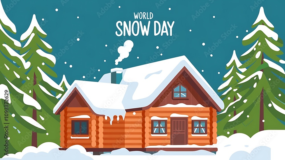 Cozy Winter Log Cabin Scene for World Snow Day with Snowy Evergreen Trees and Playful Falling Snowflakes Cozy Winter Log Cabin Scene for World Snow Day with Snowy Evergreen Trees and Playful Falling Snowflakes
