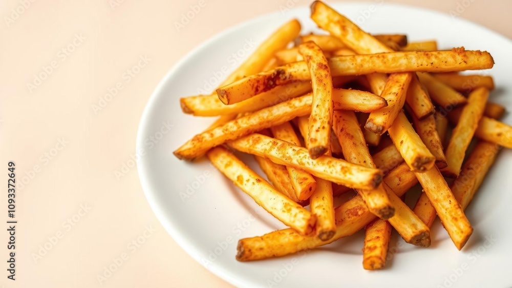 A pile of hot Cajun French fries on a plain white plate, cozy atmosphere, french fries, home cooking A pile of hot Cajun French fries on a plain white plate, cozy atmosphere, french fries, home cooking