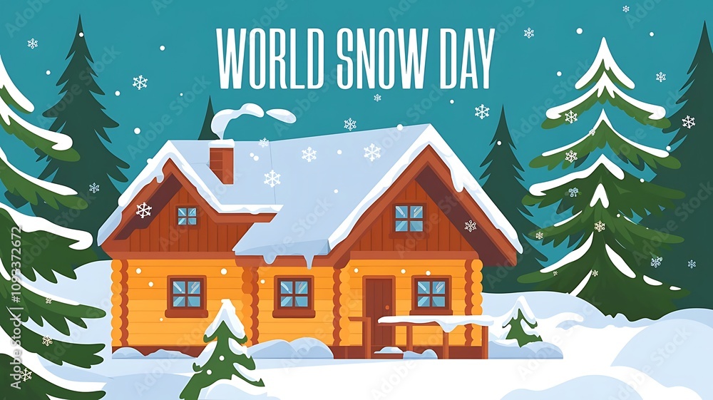 Cozy Winter Log Cabin Scene for World Snow Day with Snowy Evergreen Trees and Playful Falling Snowflakes Cozy Winter Log Cabin Scene for World Snow Day with Snowy Evergreen Trees and Playful Falling Snowflakes