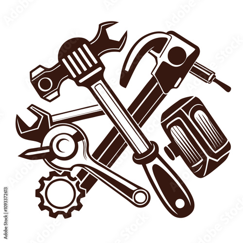 Tools wrenches, hammers silhouette vector illustration Isolated white background.