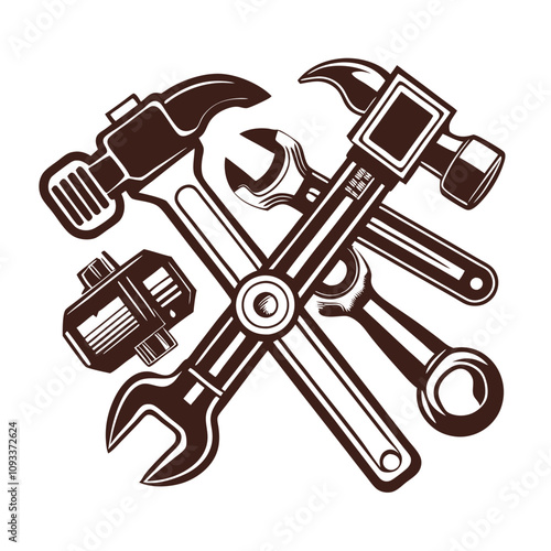 Tools wrenches, hammers silhouette vector illustration Isolated white background.