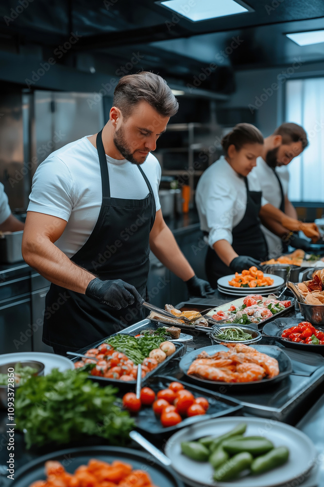 Chefs preparing fresh seafood and vegetables in a busy kitchen during dinner service Chefs preparing fresh seafood and vegetables in a busy kitchen during dinner service