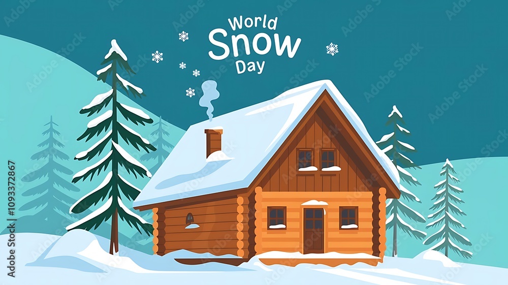 Cozy Winter Log Cabin Scene for World Snow Day with Snowy Evergreen Trees and Playful Falling Snowflakes Cozy Winter Log Cabin Scene for World Snow Day with Snowy Evergreen Trees and Playful Falling Snowflakes