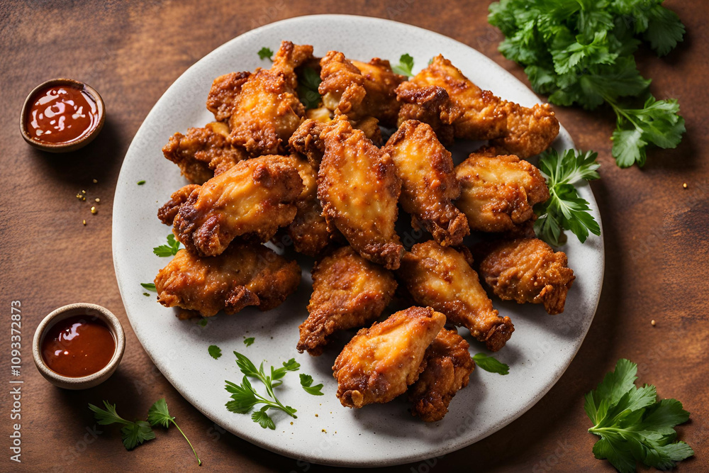 Golden, crispy fried chicken pieces with a crunchy coating, served on a rustic plate with a side of tangy dipping sauce and a sprinkle of fresh herbs, set against a warm, inviting background. Golden, crispy fried chicken pieces with a crunchy coating, served on a rustic plate with a side of tangy dipping sauce and a sprinkle of fresh herbs, set against a warm, inviting background.
