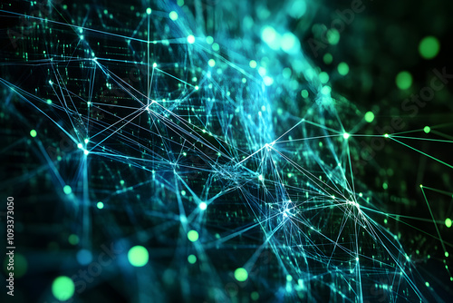 Dynamic network background with glowing interconnected nodes and luminous data streams