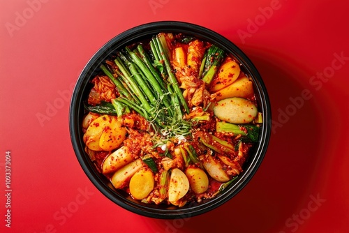Wallpaper Mural A vibrant and spicy Korean kimchi dish featuring fresh vegetables. This traditional homemade meal, set against a red background, with generative ai Torontodigital.ca