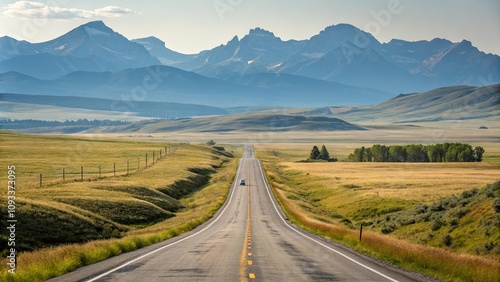 A scenic drive on a straight asphalt road through a vast open landscape with rolling hills and towering mountains visible beyond the horizon, solitude, emptiness, wide open spaces, asphalt road