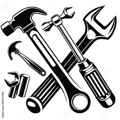 Tools wrenches, hammers silhouette vector illustration Isolated white background.