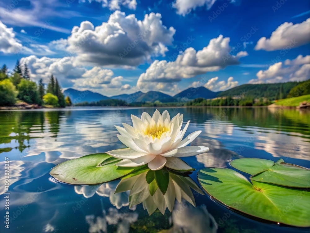Stunning White Water Lily Nymphaea Alba Floating on Beifaakersee Lake Surrounded by Lush Greenery and Majestic Mountains Under a Beautiful Sky Stunning White Water Lily Nymphaea Alba Floating on Beifaakersee Lake Surrounded by Lush Greenery and Majestic Mountains Under a Beautiful Sky