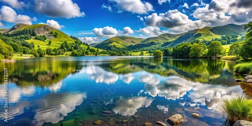 Lake District's Grasmere, bathed in summer's light, a serene view.