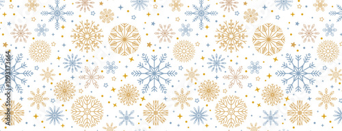 Christmas background with gold snowflakes and stars seamless pattern. Snowflakes with different intricate details. Retro textile ornament. Vector