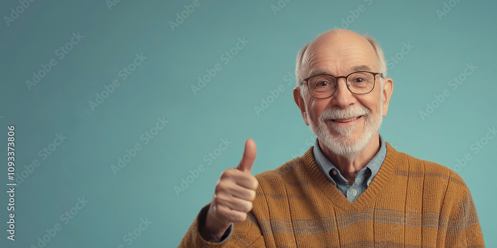 Smiling Grandfather on the right side of the screen on an isolated background points his thumb to the side Smiling Grandfather on the right side of the screen on an isolated background points his thumb to the side