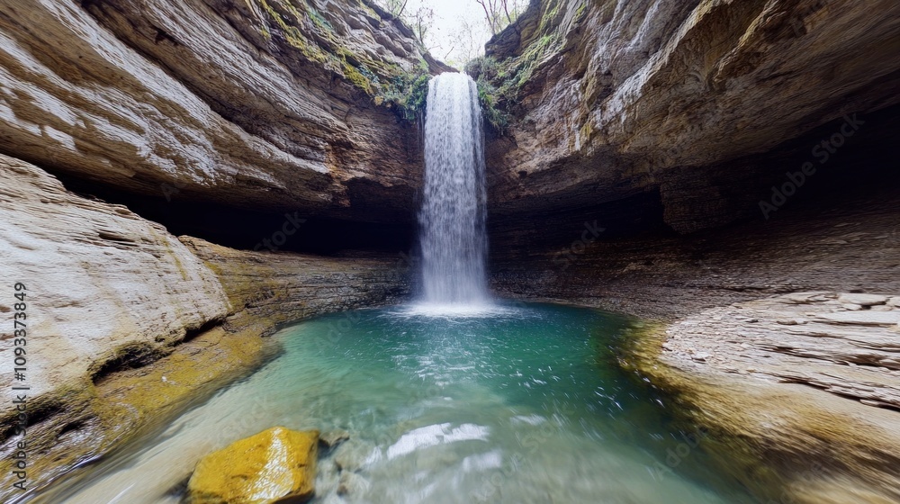Naklejka premium Serene Waterfall Cascading into Crystal Clear Pool Surrounded by Majestic Rock Formations in Lush Green Canyon Landscape