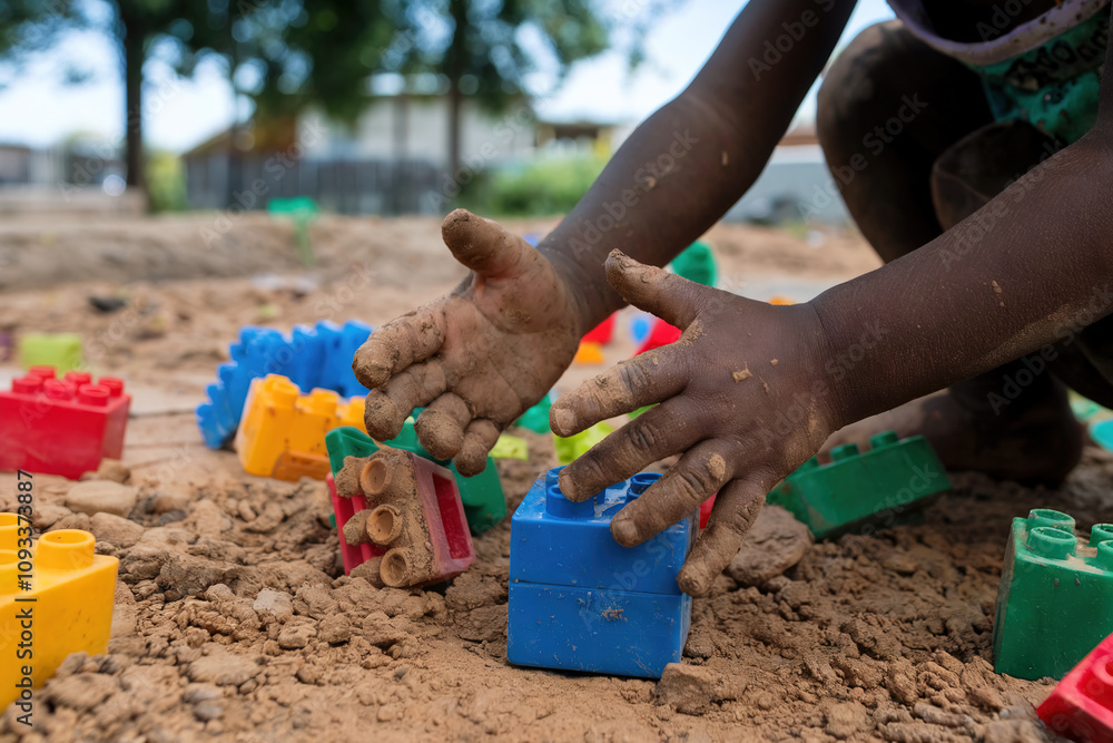 Manos de un niño de color jugando con tierra y cubos de colores ...