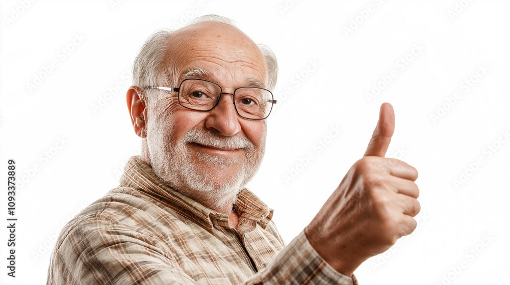 Smiling Grandfather on the right side of the screen on an isolated background points his thumb to the side Smiling Grandfather on the right side of the screen on an isolated background points his thumb to the side
