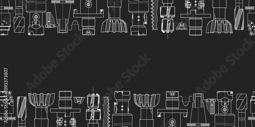 Mechanical engineering drawings on black background. Tap tools, borer. Technical Design. Cover. Blueprint. Seamless pattern. Vector illustration.