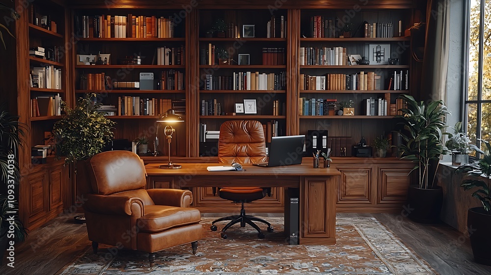 A luxurious home office with a large wooden desk, leather chairs, and a wall of bookshelves. A luxurious home office with a large wooden desk, leather chairs, and a wall of bookshelves.