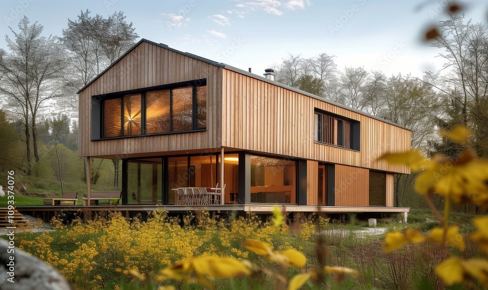 Holzhaus modern ökologisch Gebäude Holzfassade in Natur, Generative AI Holzhaus modern ökologisch Gebäude Holzfassade in Natur, Generative AI