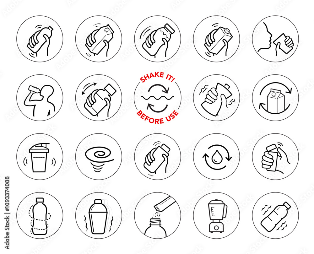 Shake icons set. Set for package, shows user instruction. The outline icons are well scalable and editable. Contrasting vector elements are good for different backgrounds. EPS10. Shake icons set. Set for package, shows user instruction. The outline icons are well scalable and editable. Contrasting vector elements are good for different backgrounds. EPS10.