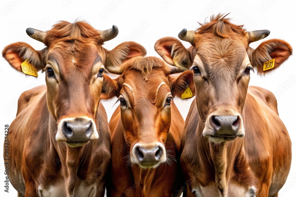 Portrait of Three Brown Cows Standing Together Against a White Background Showcasing Their Gentle Expressions and Unique Features in a Natural Setting Portrait of Three Brown Cows Standing Together Against a White Background Showcasing Their Gentle Expressions and Unique Features in a Natural Setting