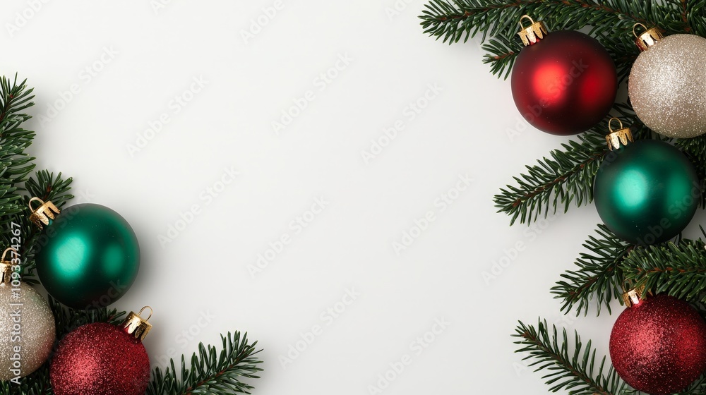 Festive Christmas ornaments and fir branches on white background. Festive Christmas ornaments and fir branches on white background.