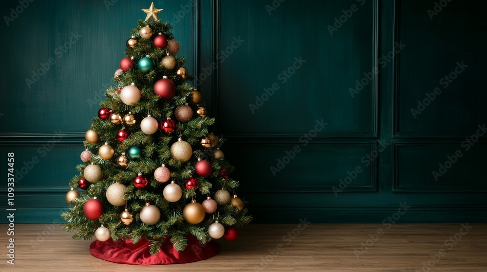 Decorated Christmas tree against a teal wall. Decorated Christmas tree against a teal wall.