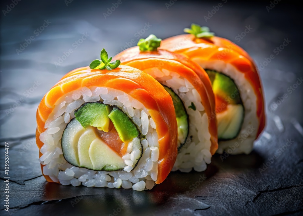 Fresh Sushi Roll with Salmon and Avocado on a Dark Slate Background, Showcasing Textures and Colors Perfect for Culinary and Food Photography Fresh Sushi Roll with Salmon and Avocado on a Dark Slate Background, Showcasing Textures and Colors Perfect for Culinary and Food Photography