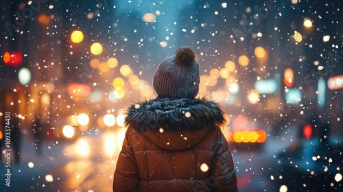 A person stands in the snow, gazing at city lights during a winter evening.