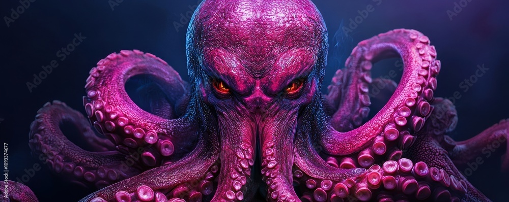 Naklejka premium Mysterious purple octopus encounter underwater world fantasy art deep sea close-up marine life